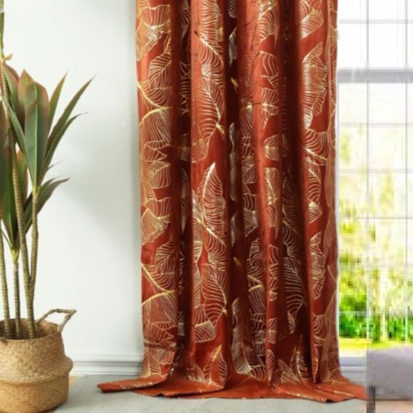 Long Window Velvet Curtain Beautiful Leaf Gold Foil Print NEW - Picture 1 of 3